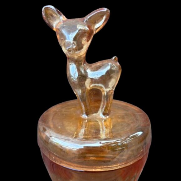 Vintage Jeannette Marigold Glass Vanity Powder Jar with Deer - Picture 1 of 5